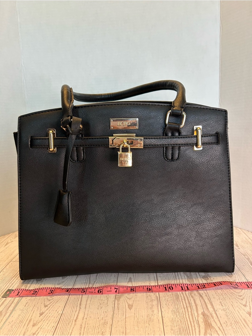 BCBG Black Leather Satchel with Gold Hardware